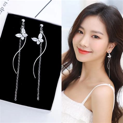 Korean Earrings 2018 Fashion 925 Silver Jewelry Long Tassel Aaa Zircon Butterfly Earring Crystal