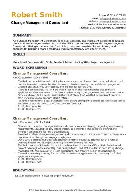 Change Management Consultant Resume Samples Qwikresume