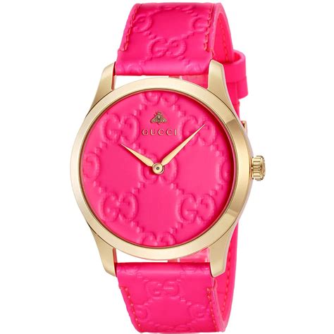 Gucci Womens Watch Ladies Golden Tone Steel Leather Band Pink Dial