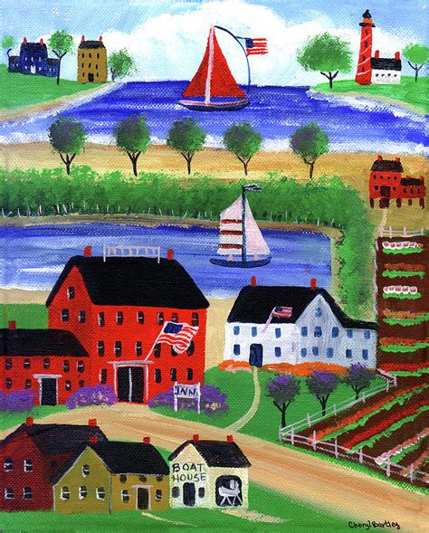 Folk Art Seaside Village Painting By Cheryl Bartley Fine Art America