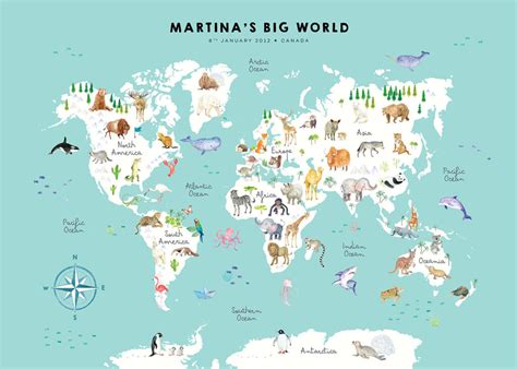 Existen dos variantes que representan cinco continentes: Mapamundi de animales personalizado en inglés - Adealicia