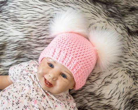 Pink Baby Girl Double Pom Pom Beanie Fur Pom Pom Hat Newborn Etsy