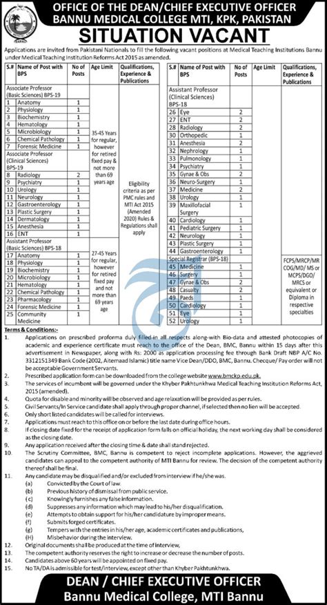 Bannu Medical College MTI KPK Jobs 2021 2023 Job Advertisement Pakistan