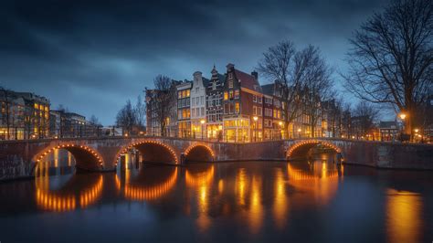Man Made Amsterdam Cities Netherlands Night Water Reflection Urban Hd