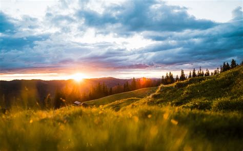 Download Wallpaper 3840x2400 Landscape Mountains Sun Meadow Trees