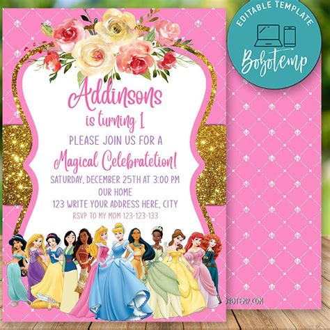 Editable Disney Princess Party Invitation Instant Download