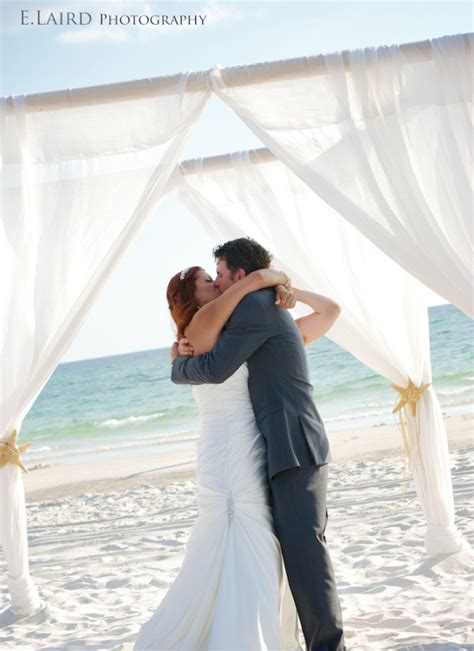 Romantic Beach Ceremony With Our Natural Bamboo Arbor Whit Fabric