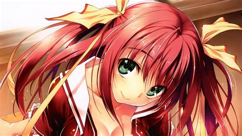 Redheads Cleavage Green Eyes Twintails Hair Ribbons Anime
