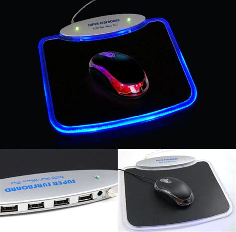 Blue Led Light Mousepad Mouse Pad Mat 4 Ports Usb Hub For Pc Laptop
