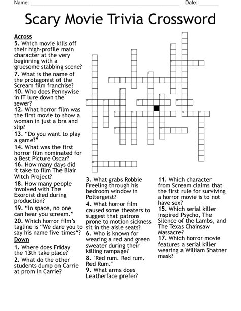 Horror Movie Crossword Puzzles Crossword Puzzles Printable