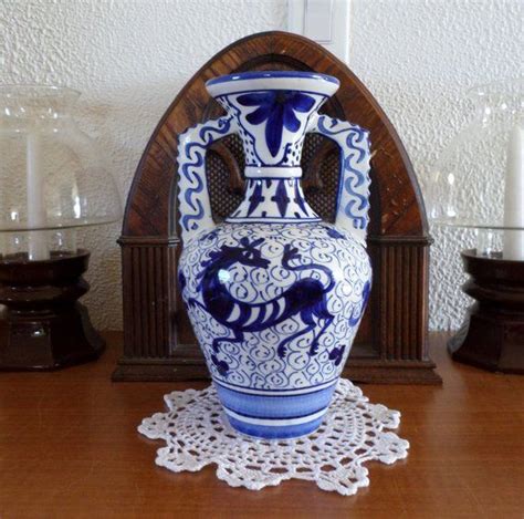 Blue And White Two Handled Vase With Horse Or Unicorn Etsy Blue And