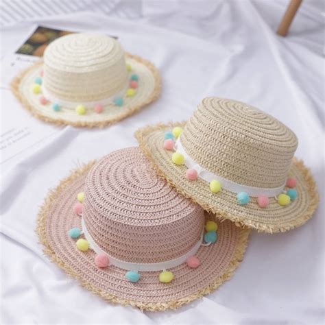 2019 Child Summer Panama Sun Hats Colorful Tassel Balls Straw Hat Girl