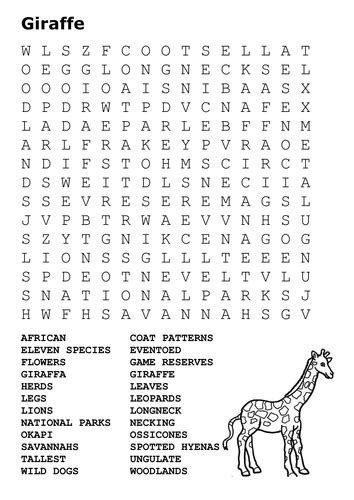Giraffe Word Search By Sfy773 Teaching Resources