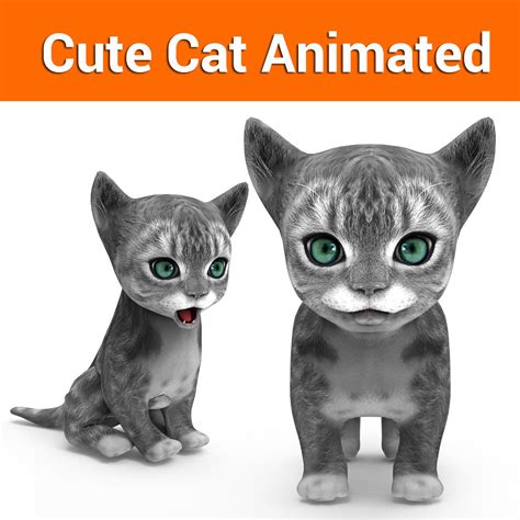 A kitten is a young cat. animated realtime cute cat gray animated 3D model