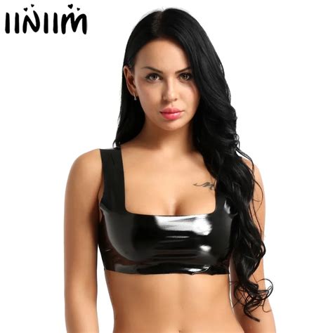 women wet look bra nipple open bust sleeveless halter neck crop tank top vest bras and bra sets