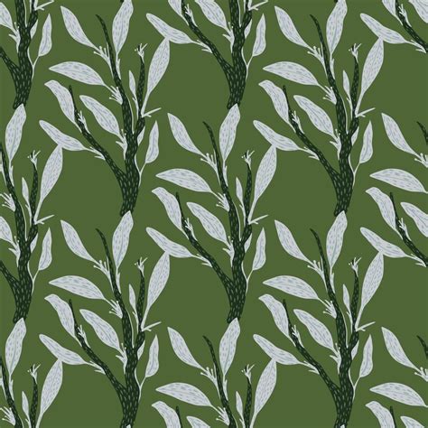 Botanic Seamless Doodle Pattern With Grey Leaves Branches Green Olive
