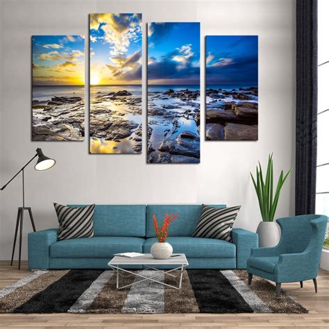 Framed 4 Panels Ocean Scenery Canvas Print Painting Modern