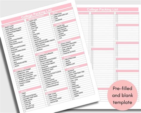 Printable College Packing List For Girls Dorm Packing List Etsy