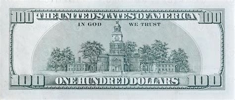 Independence Hall On 100 Dollars Banknote Back Side Closeup Macro