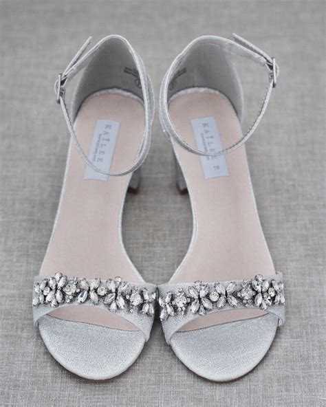 Silver Shimmer Low Block Heel Sandals With Embellished Floral Etsy