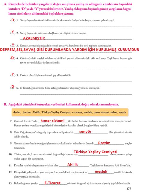 7.Sınıf Sosyal Bilgiler Ders Kitabı 5.ünite Cevapları Sayfa 161-179