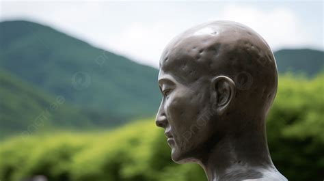 تمثال من البرونز لرجل آسيوي مع مشهد جبلي أصلع الرأس صور عالية الدقة
