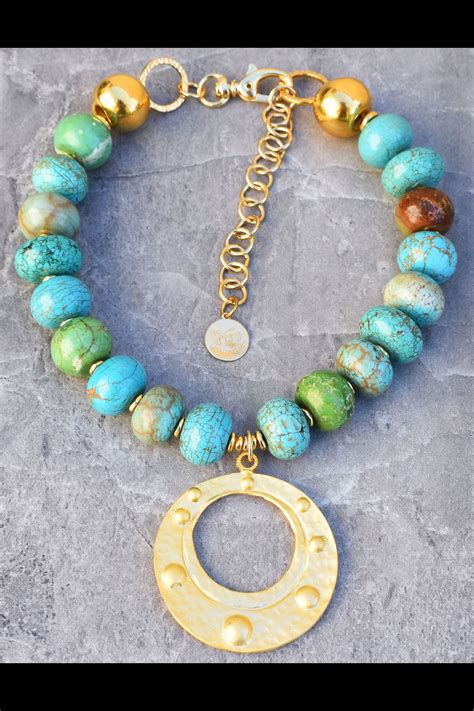 Beautiful Turquoise Magnesite And Turkish Gold Pendant Choker Necklace