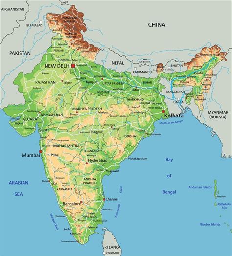 Hohe Detaillierte Physische Karte Indiens Mit Der Etikettierung Vektor