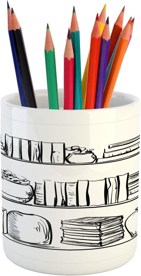 Lunarable Bookcase Pencil Pen Holder Hand Drawn Interior