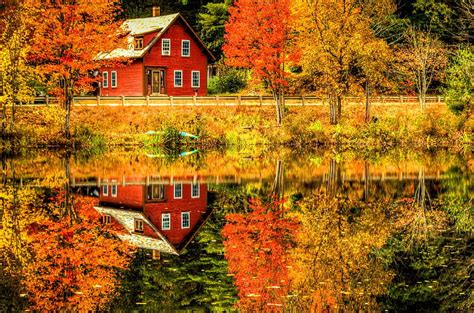 Autumn Reflections Fall Autumn Cottages Cabin Foliage River