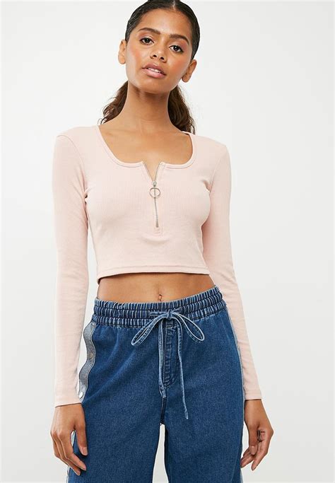 Long Sleeve Zip Front Ribbed Crop Top Nude Missguided T Shirts Vests