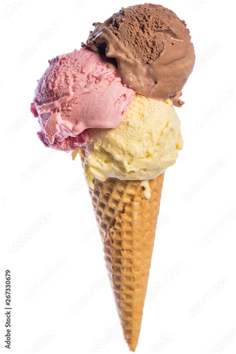 Front View Of Real Edible Ice Cream Cone With 3 Different Scoops Of Ice Cream Vanilla