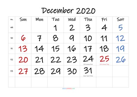 December 2020 Printable Calendar With Holidays
