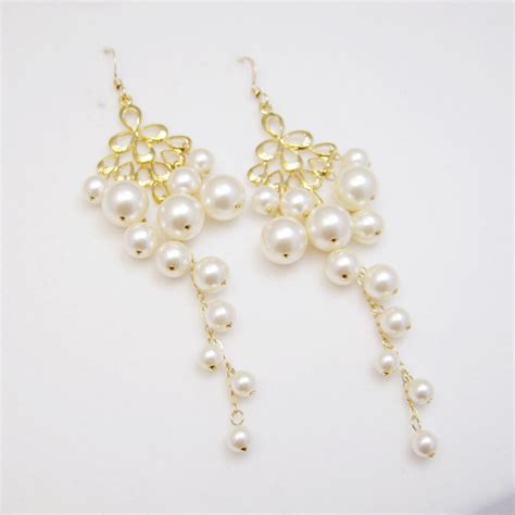 Bridal Chandelier Earrings Pearl Wedding Earrings Gold Etsy