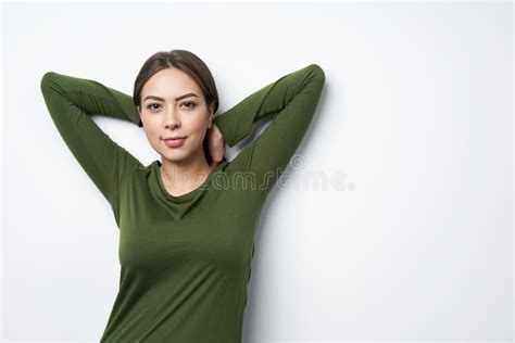Young Brunette Woman Posing With Hands Over Head Stock Photo Image Of