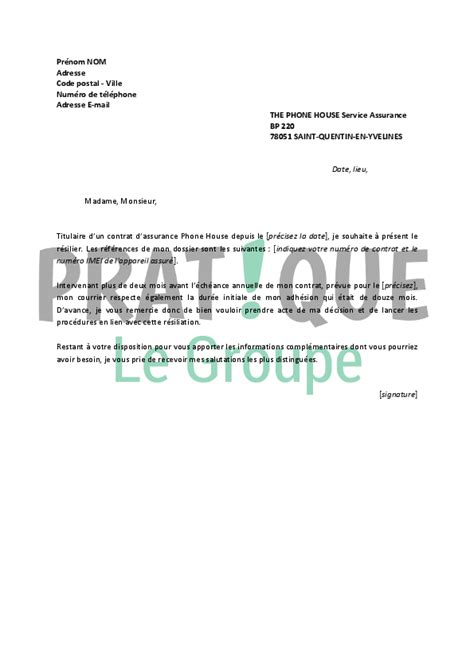 Modèle de lettre pour résilier l'assurance habitation. Lettre de résiliation assurance Phone House | Pratique.fr