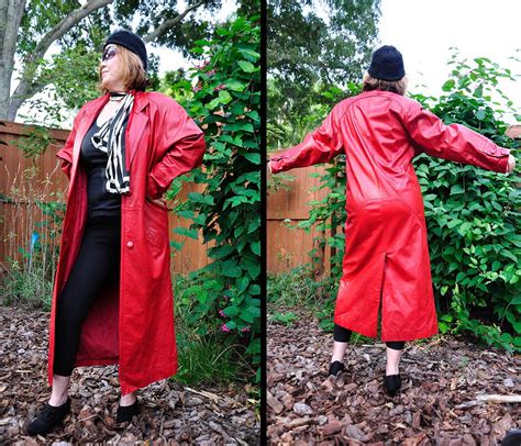 Vintage Red Leather Coat Long 80s Coat Duster Maxi Geometric 1980s