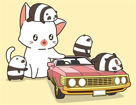 Kawaii Giant Cat And Small Pandas With Pink Car 629922 Vector Art At