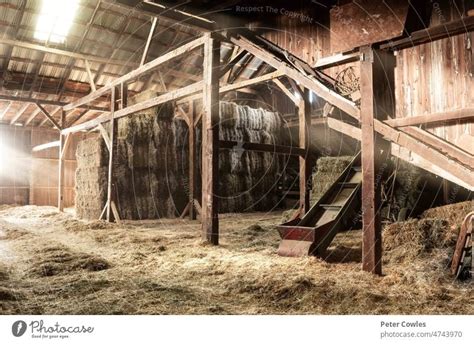 Inside Rustic Wooden Old Barn Hay Bales Straw Sunlight Rays Light Beams