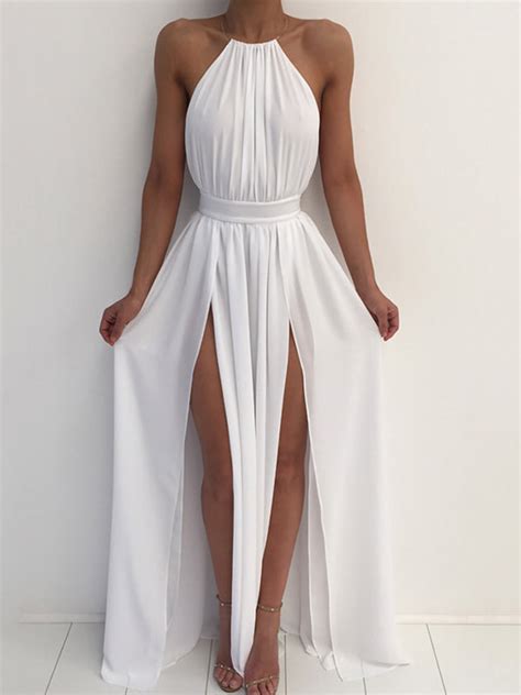 Elegant Halter Backless High Slit Pleated Maxi Dress Online Discover