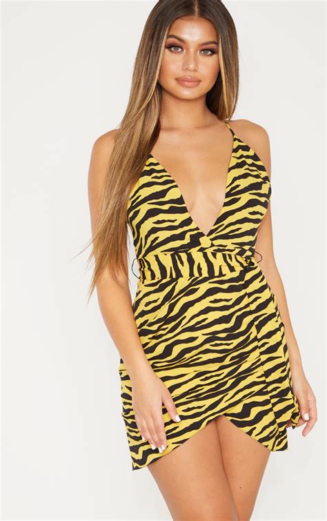Yellow Zebra Print Wrap Bodycon Dress Prettylittlething