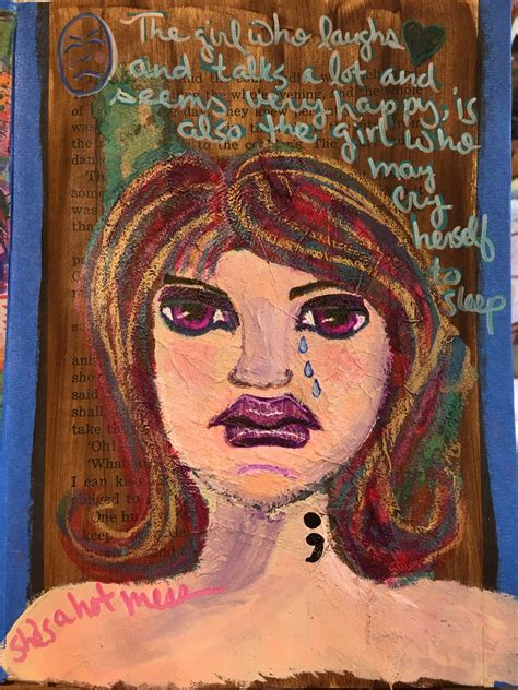 A Painting With Words Written On It And A Womans Face