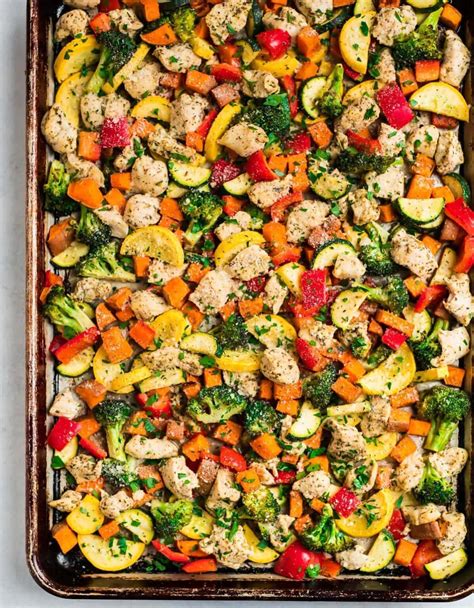Sheet Pan Chicken With Rainbow Vegetables Lemon And Parmesan