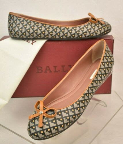 Nib Bally Dulcina Fawn Coated Canvas Logo Leather Bow Ballet Flats Us