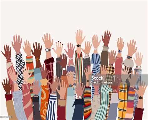 Group Of Many Raised Arms And Hands Of Diverse Multiethnic And