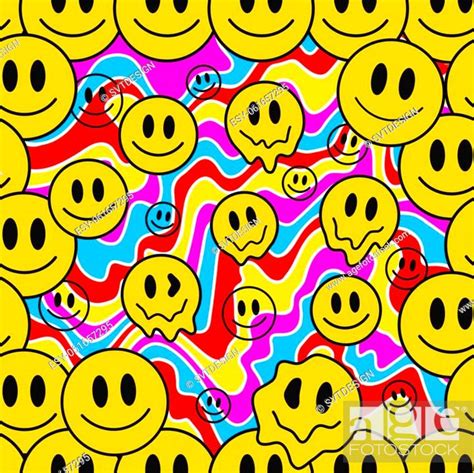 Psychedelic Lines And Melt Smile Face Seamless Pattern Vector Doodle