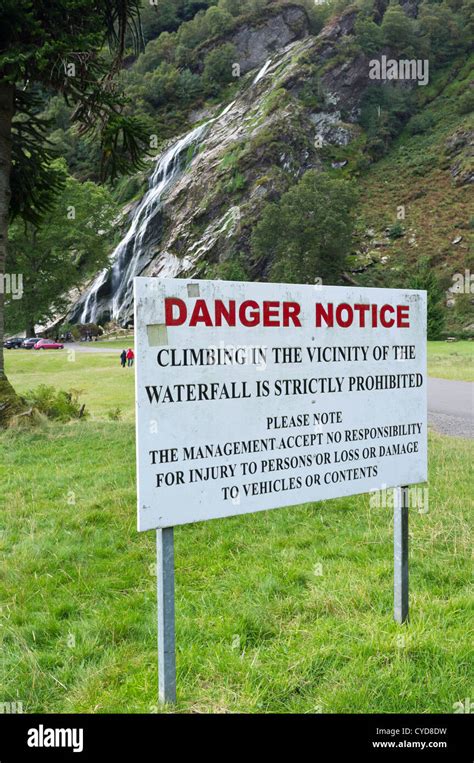 Danger Notice At Powerscourt Waterfall In County Wicklow Ireland Stock