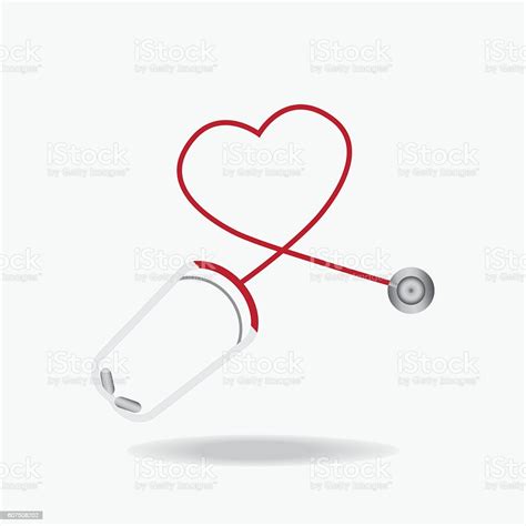 Red Stethoscope In Shape Of Heart Isolated On White Background Stock