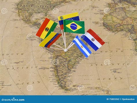 South America Continent With Flag Pins Of Sovereign States On Map Stock