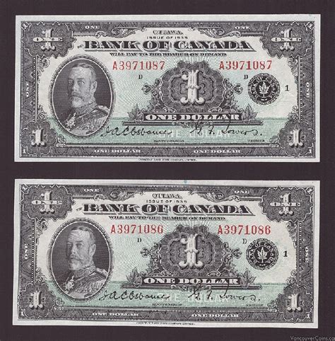 2x 1935 Bank Of Canada Consecutive 1 Dollar Banknotes Gem Unc64 Epq